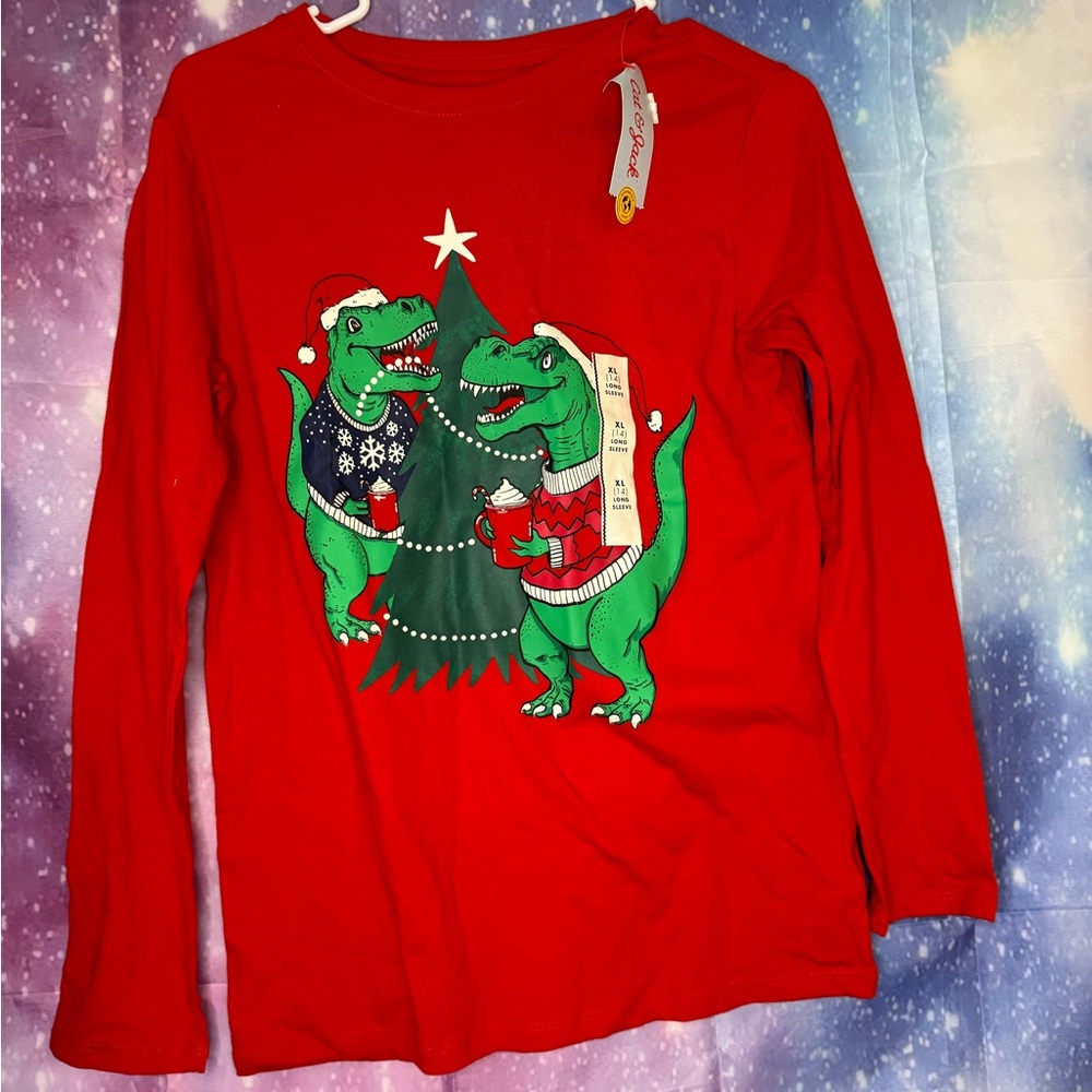 New boys cat & Jack dinosaur hot cocoa Christmas long sleeve shirt 🛍